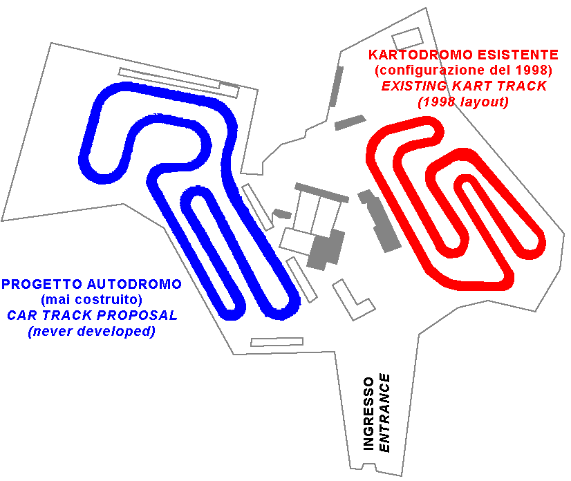 Pista Salentina<br>
In blu: autodromo in progetto (1998) e mai costruito - in rosso: kartodromo (1991÷2002)